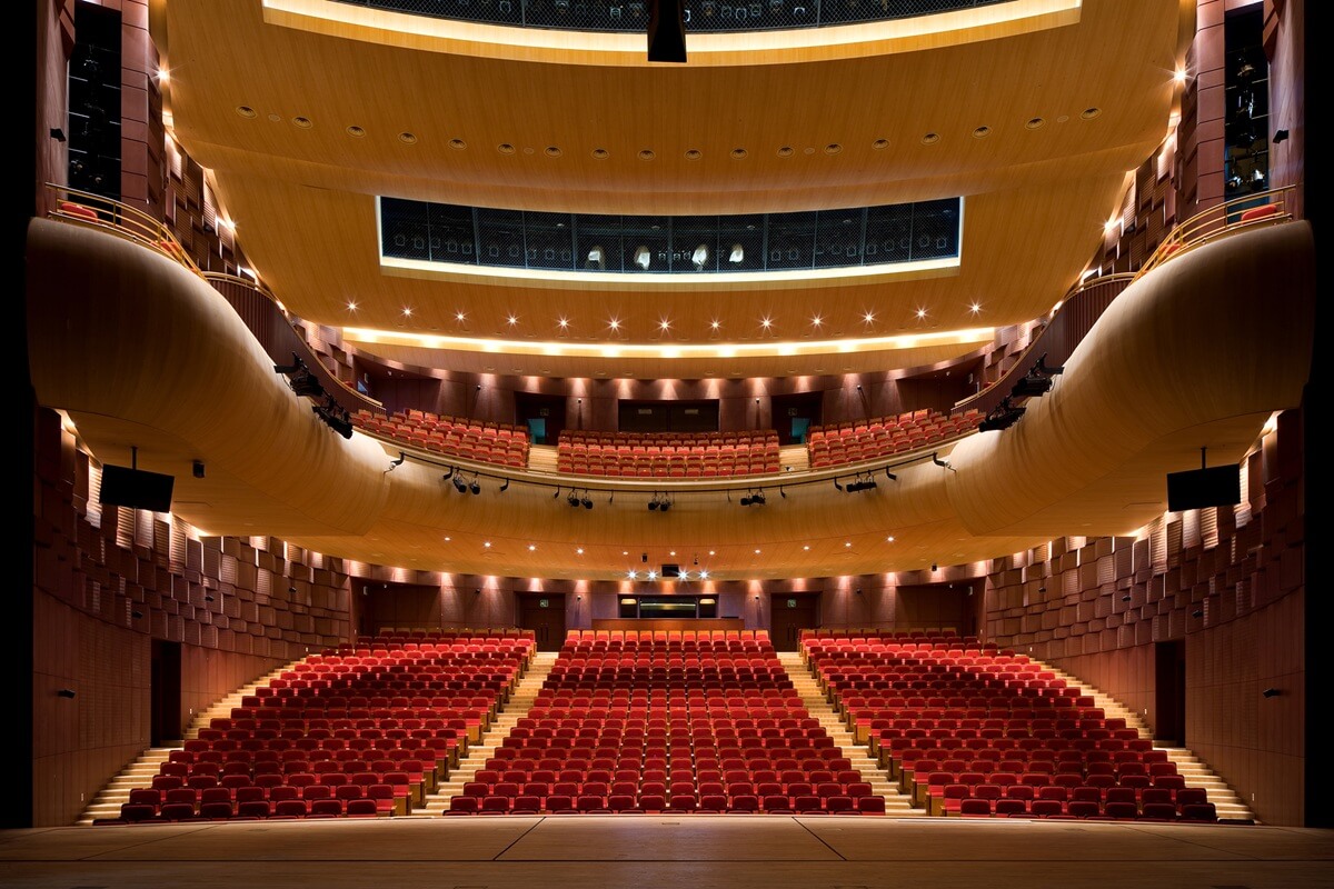Empty opera audience, huge space, red seats in the audience