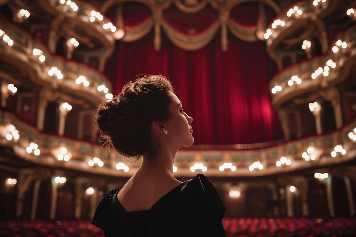 A woman with her hair in a bun, standing facing an empty opera auditorium
